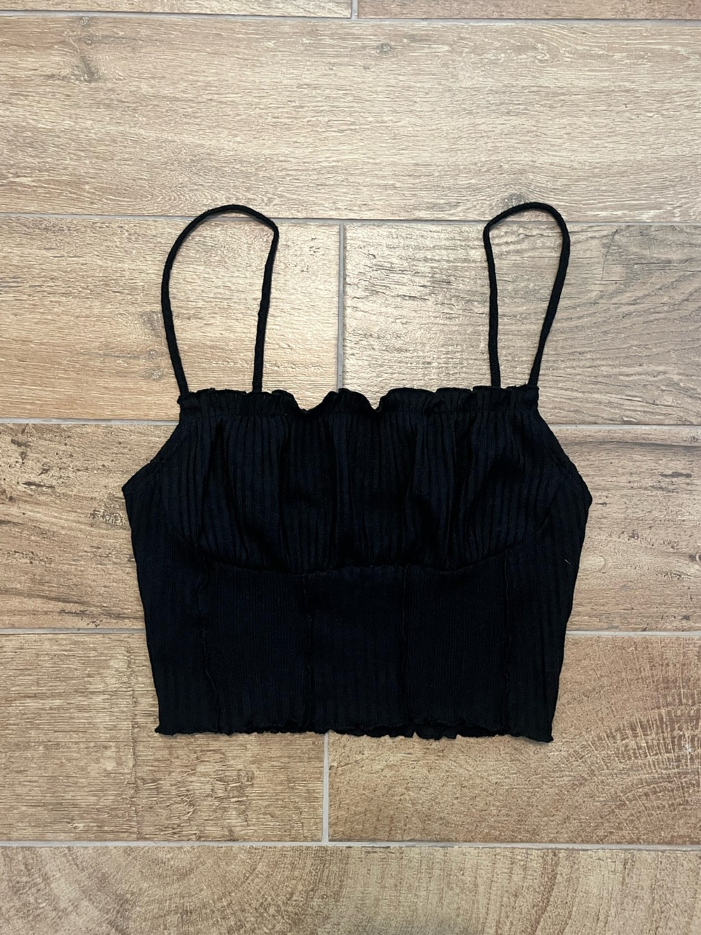Source Unknown Black Ribbed Smocked Crop Top